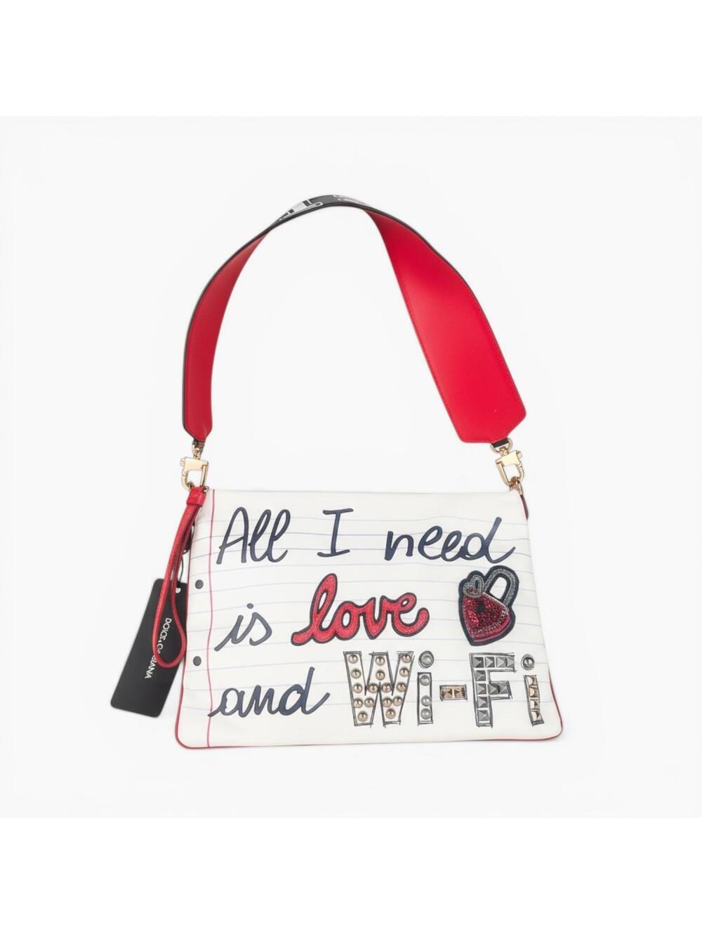 Dolce & Gabbana Cleo “All I Need Is Love & Wi‑Fi” Calfskin Shoulder Bag – White